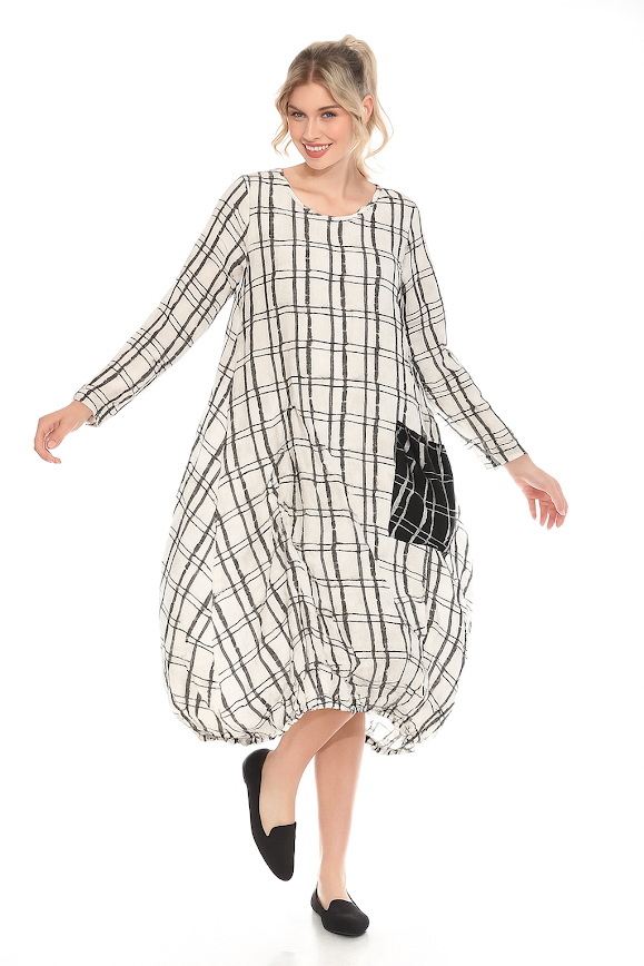 Moonlight Black and White Plaid Balloon Dress with Contrast Pocket-3973