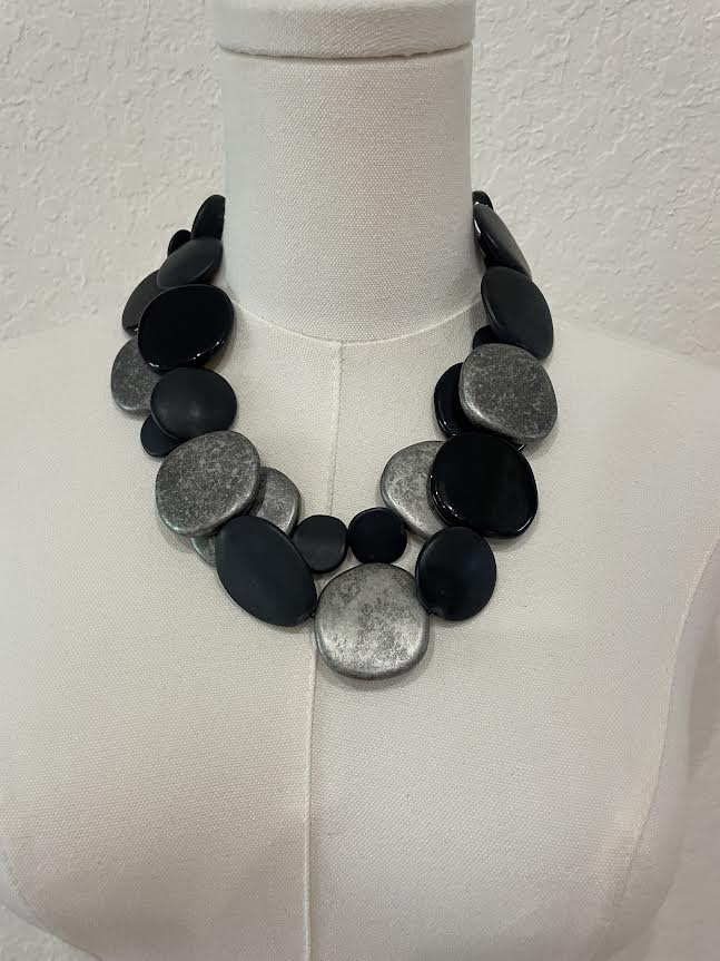 Alisha D Flat Stone Black & Silver Double Strand Necklace-NKL-024