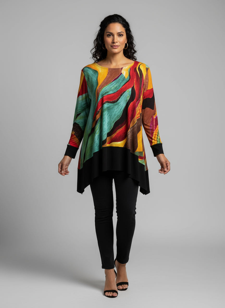 eva varro Abstract Print Asymmetrical Tunic Top-12570