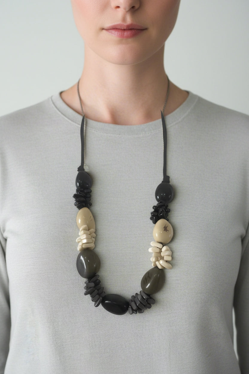 Tagua Chunky Beaded Statement Necklace in Neutral Tones-15001