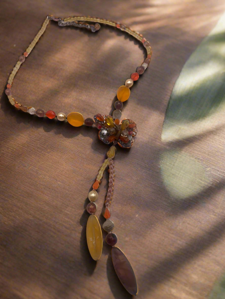 Butterfly Statement Necklace with Amber-Style Beads-8889