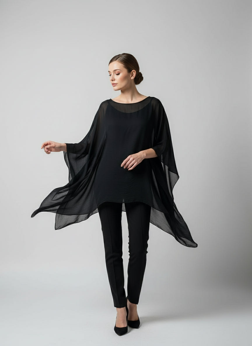 Liabella Black Asymmetrical Chiffon Poncho Top-1688