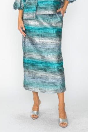 IC Collection Metallic Midi Skirt-7242S-BL | Unique Apparel USA