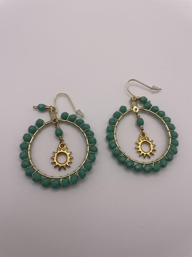 Gold Hoop Earrings with Green Beads and Sun Charm-9815