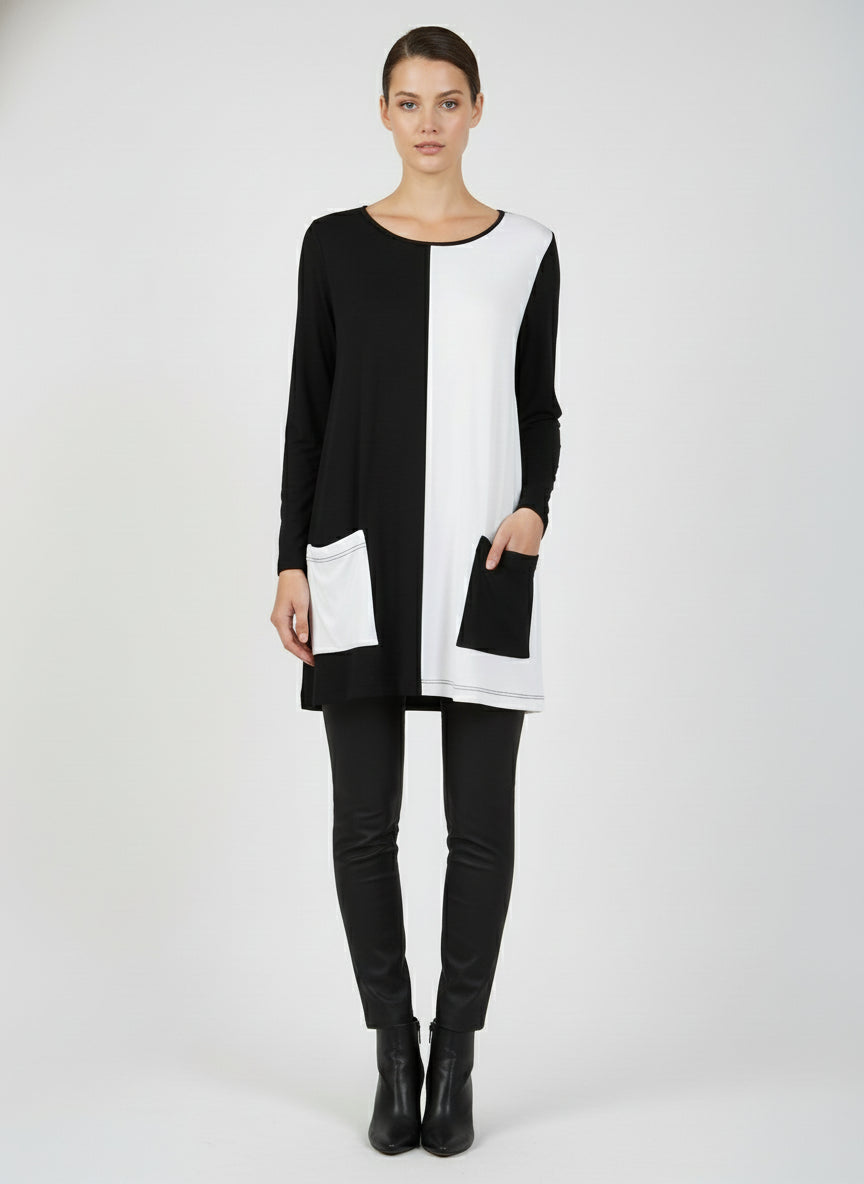 COMFY USA Black and White Color Block Tunic with Front Pockets-M887