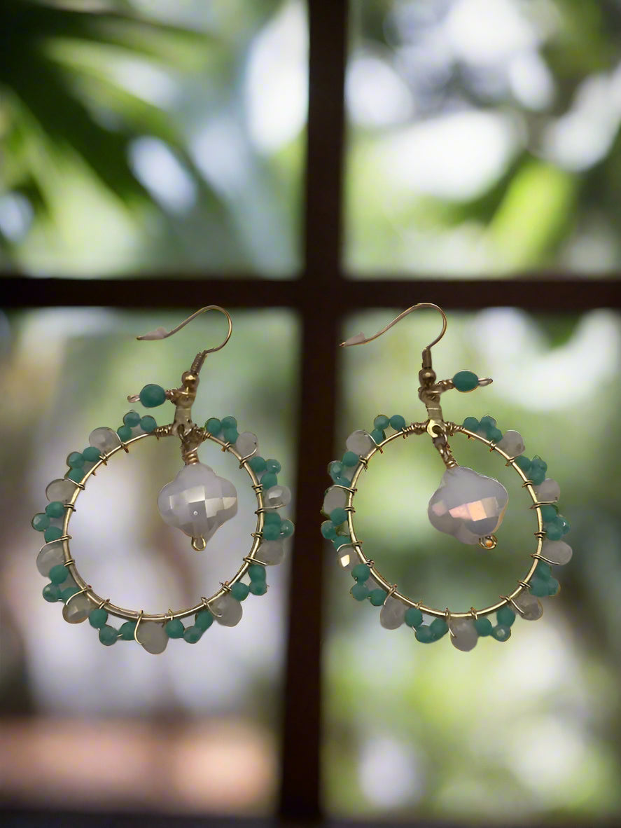 Gold Hoop Earrings with Beaded Accents-9885