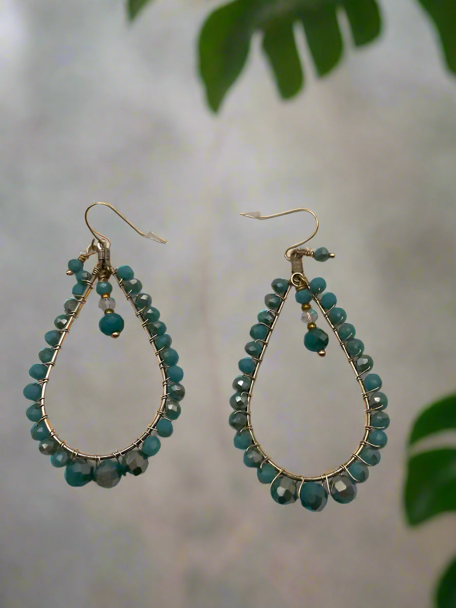 Teardrop Hoop Earrings with Turquoise Beads-0173