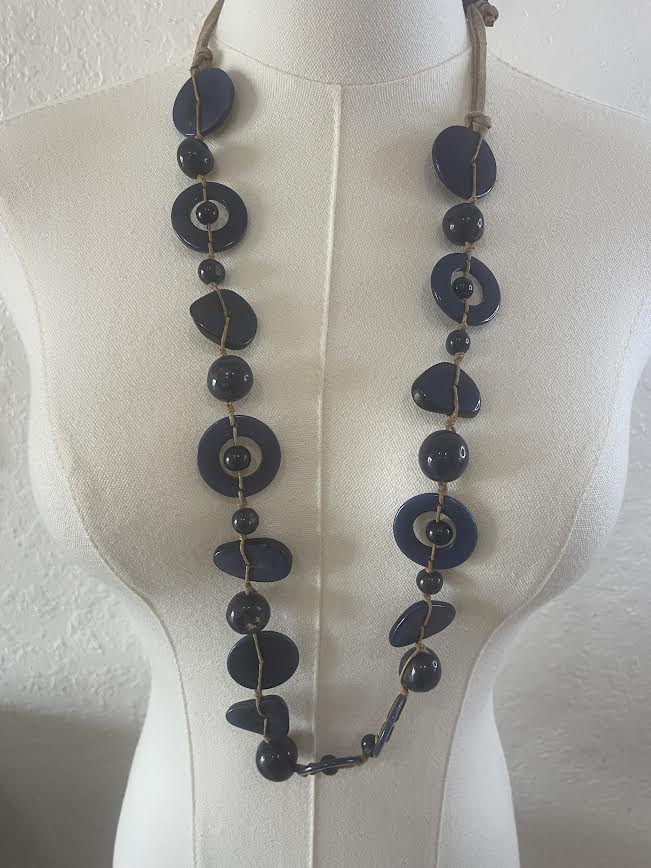 Navy Blue Beaded Long Necklace-LC-500