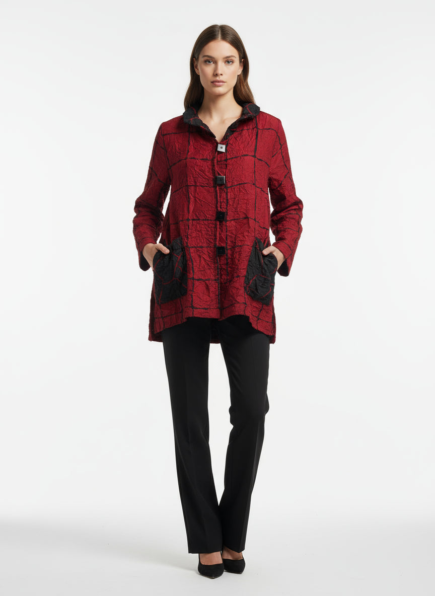 Moonlight Red Crinkle Textured Button-Up Jacket-3175