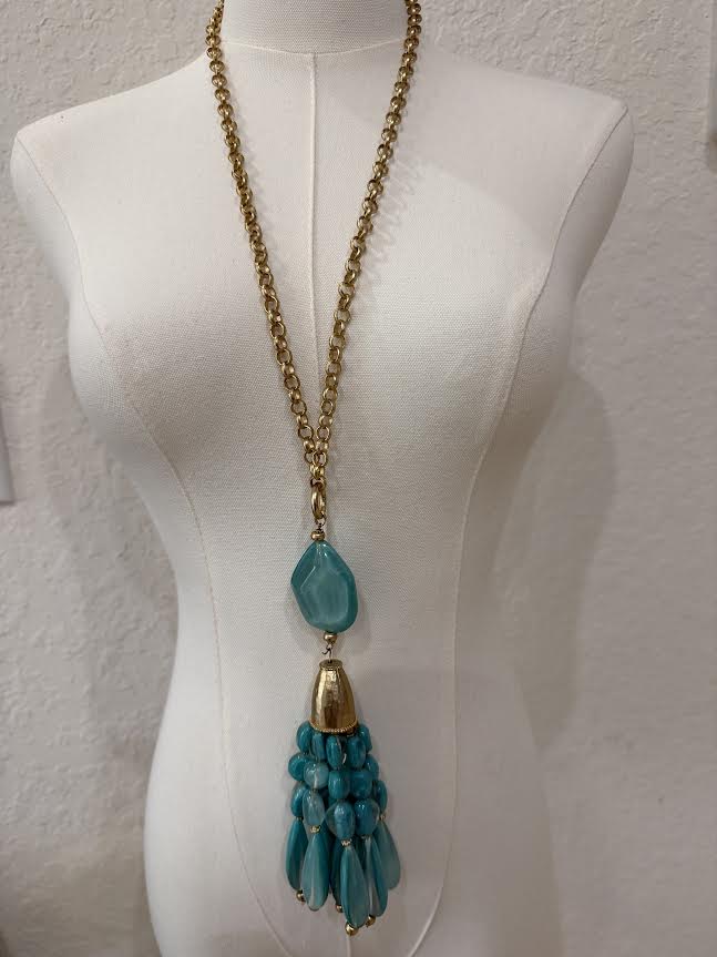 Gold Chain with Turquoise Beaded Tassel Necklace-S1243