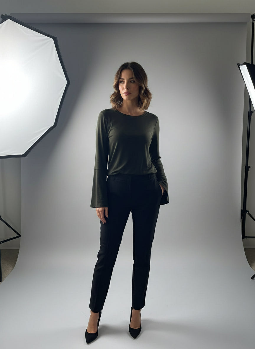 Katherine Barclay Deep Olive Green Long Sleeve Stretch Top-C109