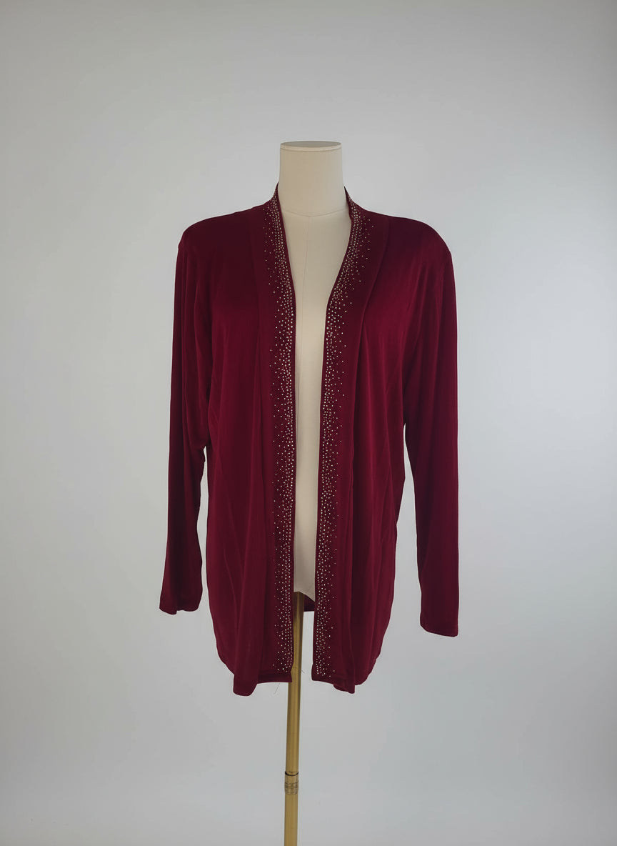 Jostar Deep Red Velvet Open-Front Cardigan with Rhinestone Trim-2912L