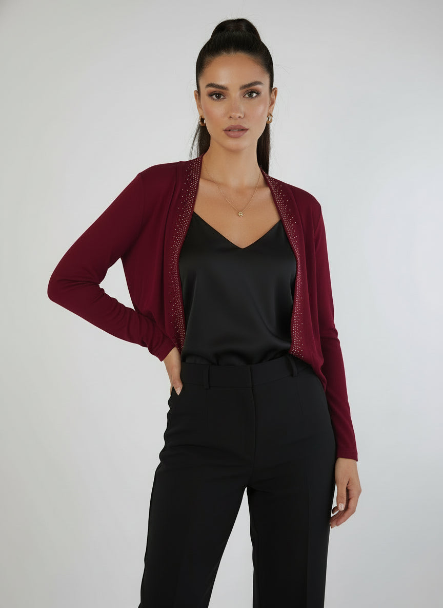 Jostar Deep Red Velvet Open-Front Cardigan with Rhinestone Trim-2912L