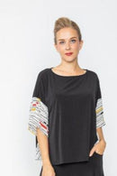 IC Collection Black Relaxed Top with Printed Sleeve Detail-7020T