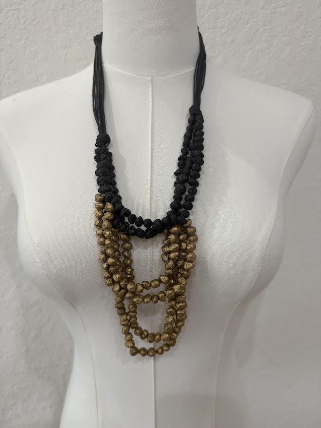 Black and Gold Multi-Strand Beaded Necklace-NT144