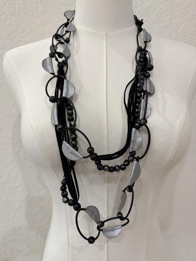 Multi-Strand Black & Silver Abstract Bead Necklace-W124