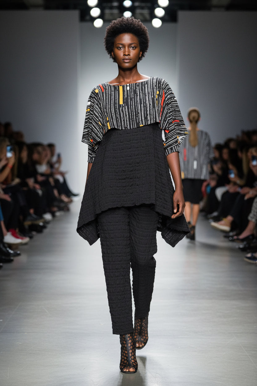 IC Collection Black and Multicolor Patterned Tunic Top-7018T