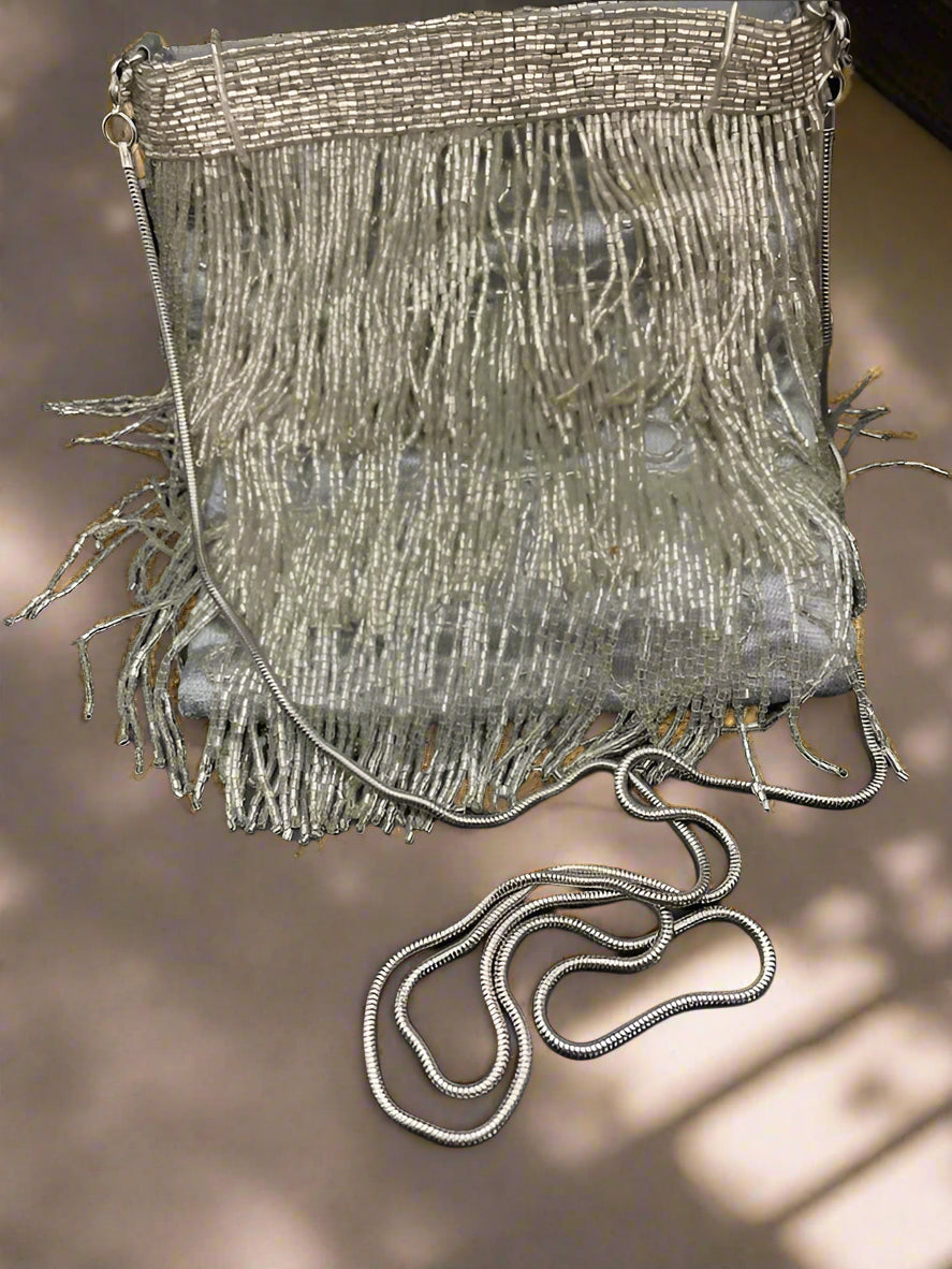 Vintage Silver Beaded Fringe Evening Bag-654-H
