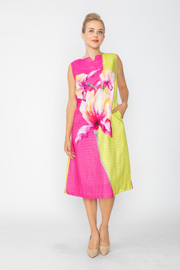 IC Collection Colorblock Floral Crinkle Midi Dress-7791D