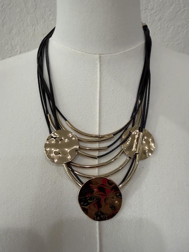 Multi-Strand Black Cord Necklace-T487