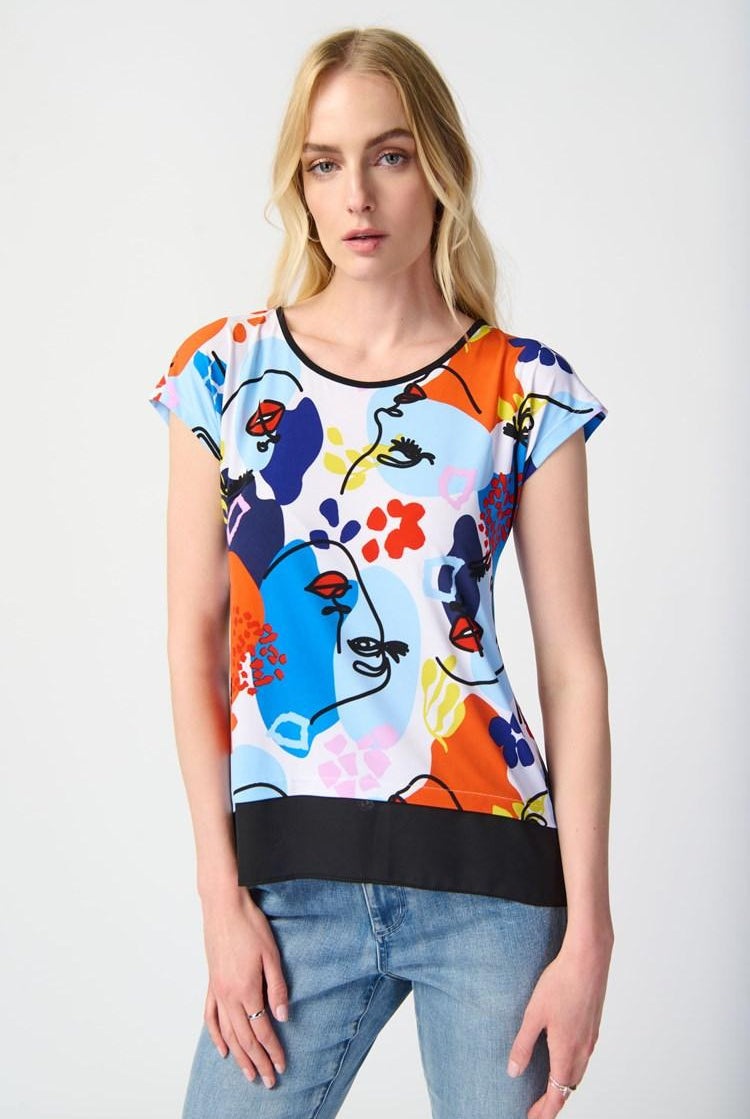 Joseph Ribkoff Vanilla/Multi Face Print Georgette Trapeze Top | Unique Apparel USA