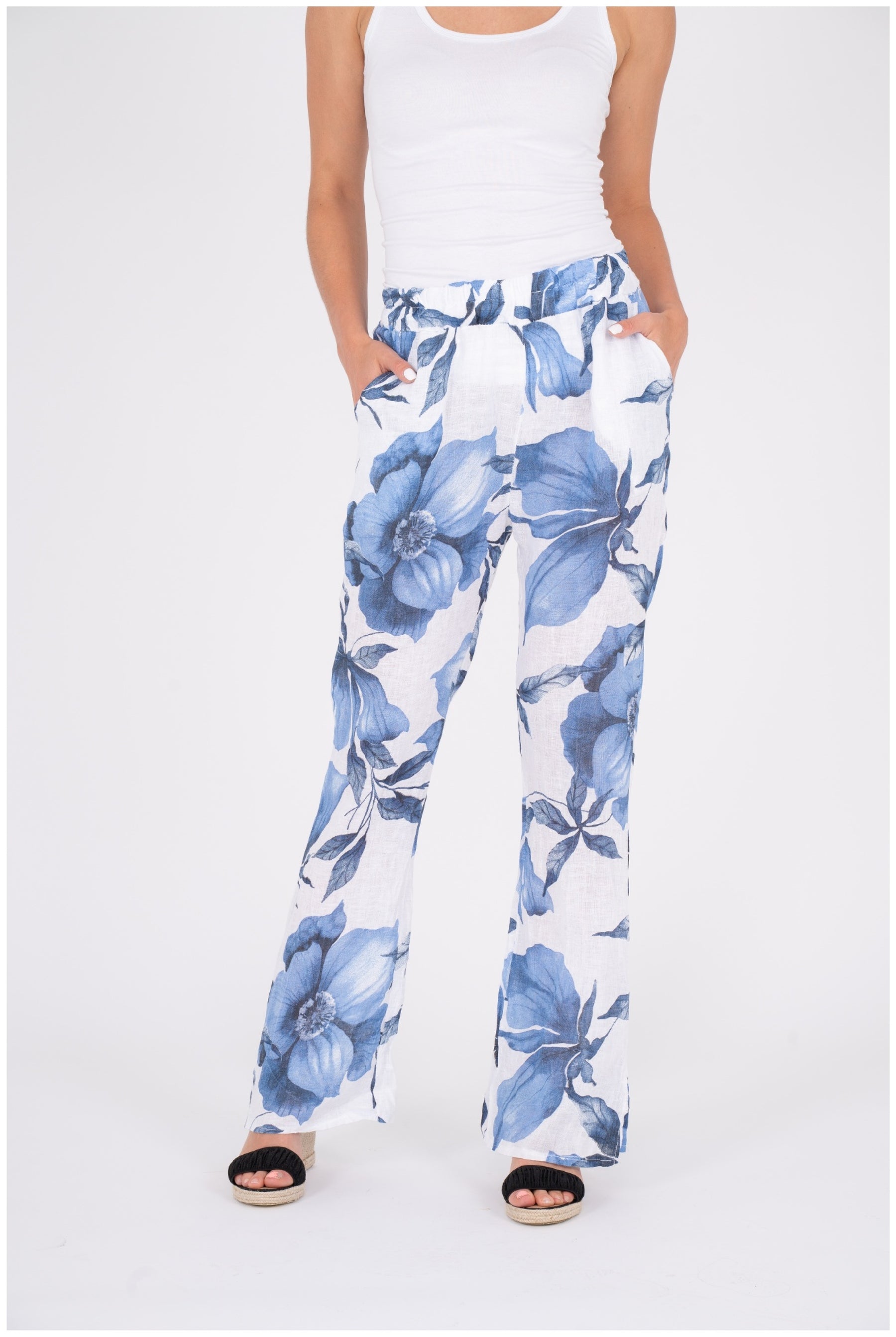 M-Made in Italy Linen White Combo Pant-11042U