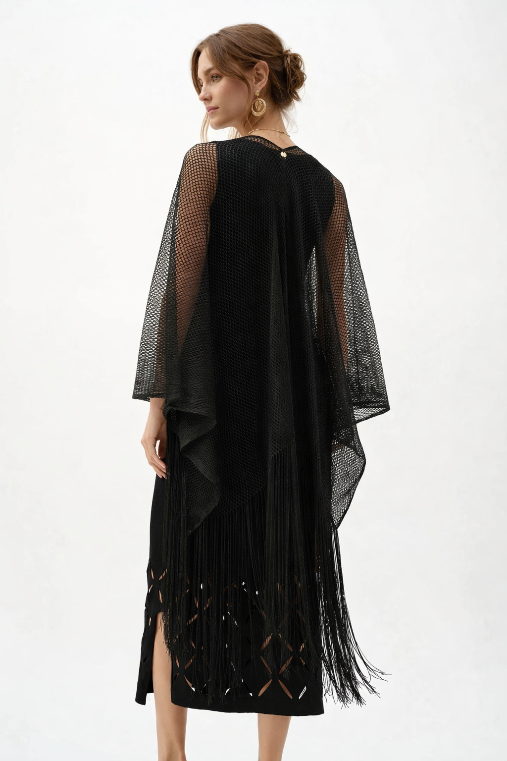 Joseph Ribkoff Woven Open Stitch Draped Cover-Up With Fringe-262973-B