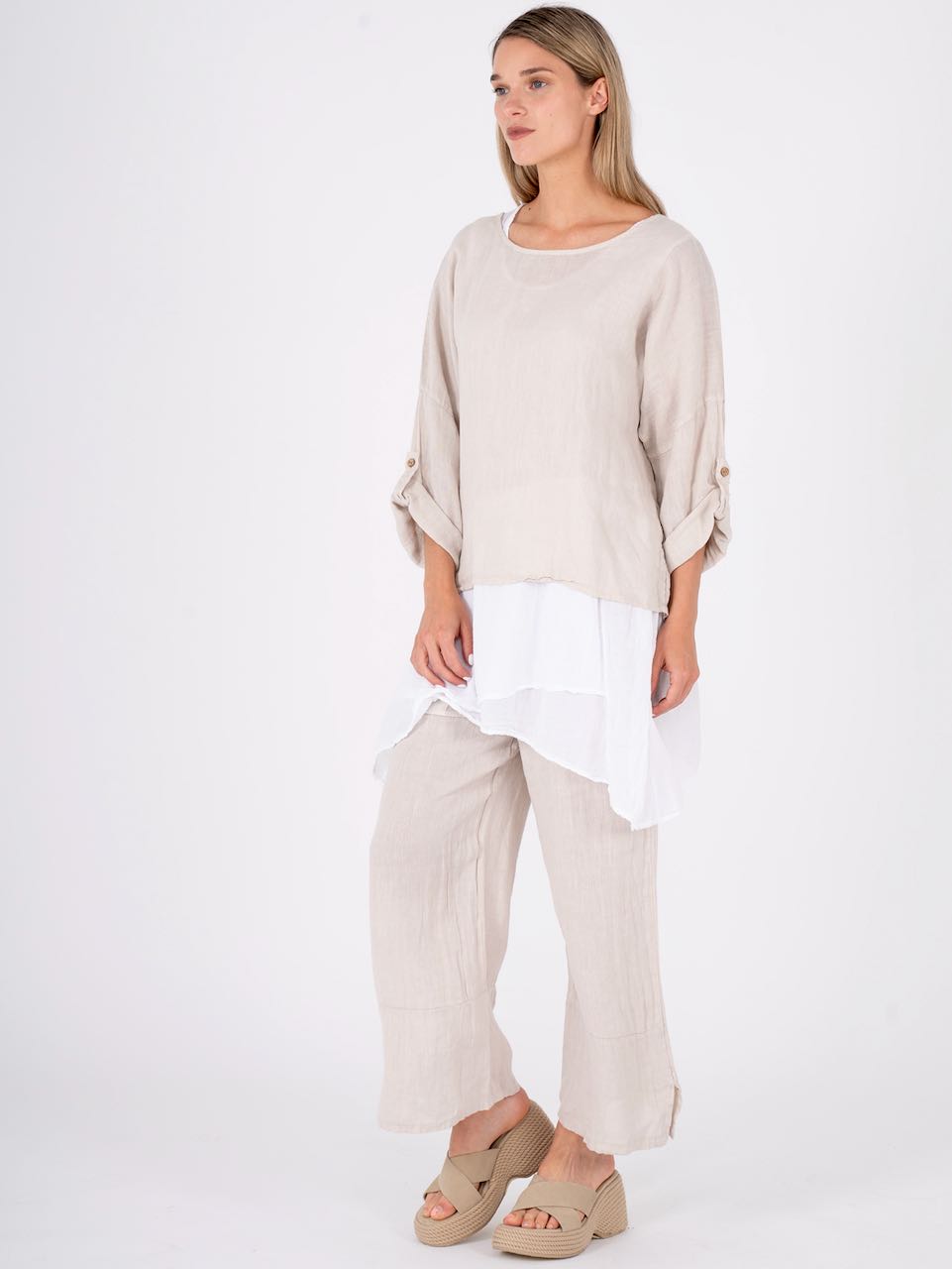 M-Made in Italy Linen Cream Top-20-6160BU