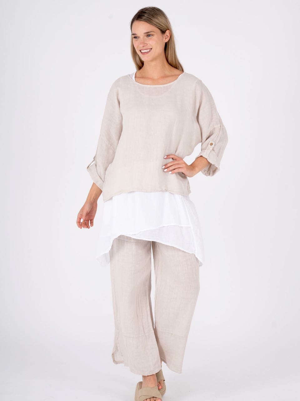 M-Made in Italy Linen Cream Top-20-6160BU