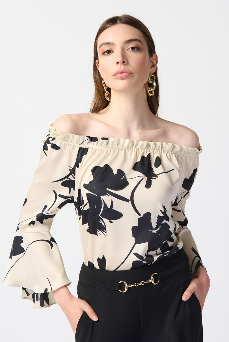 Joseph Ribkoff Floral Satin Off-the-Shoulder Top | Unique Apparel USA