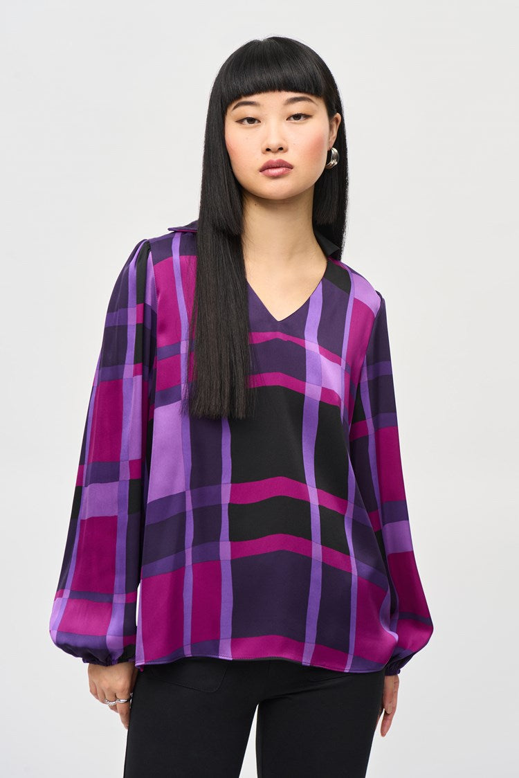 Joseph Ribkoff Satin Abstract Plaid Print Top-JR-243058