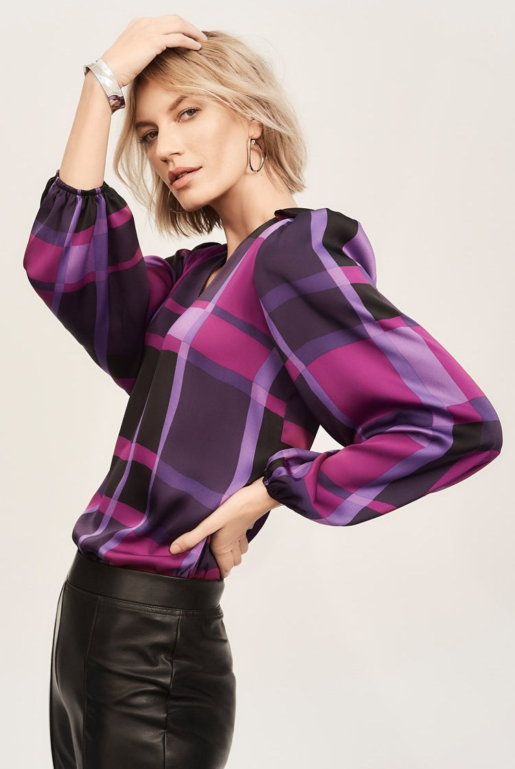 Joseph Ribkoff Satin Abstract Plaid Print Top | Unique Apparel USA