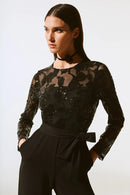 Joseph Ribkoff Scuba Crepe And Sequins Mesh Jumpsuit Style 243763