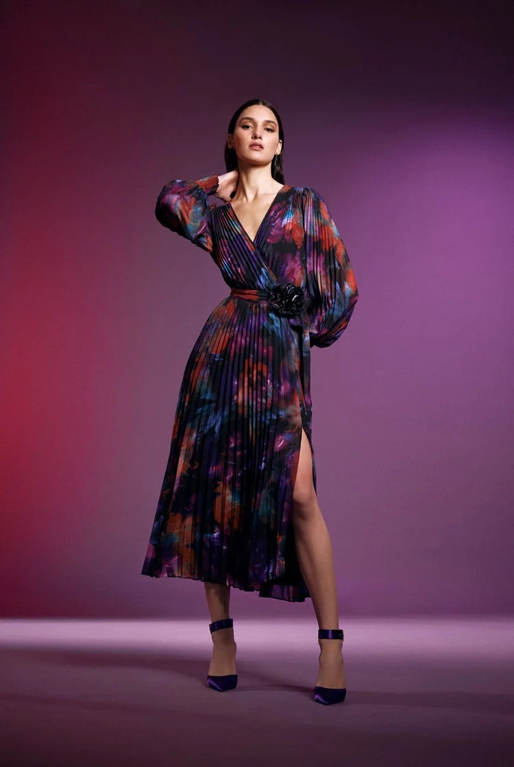 Jospeh Ribkoff Floral Print Chiffon Pleated Midi Dress JR | Unique Apparel USA
