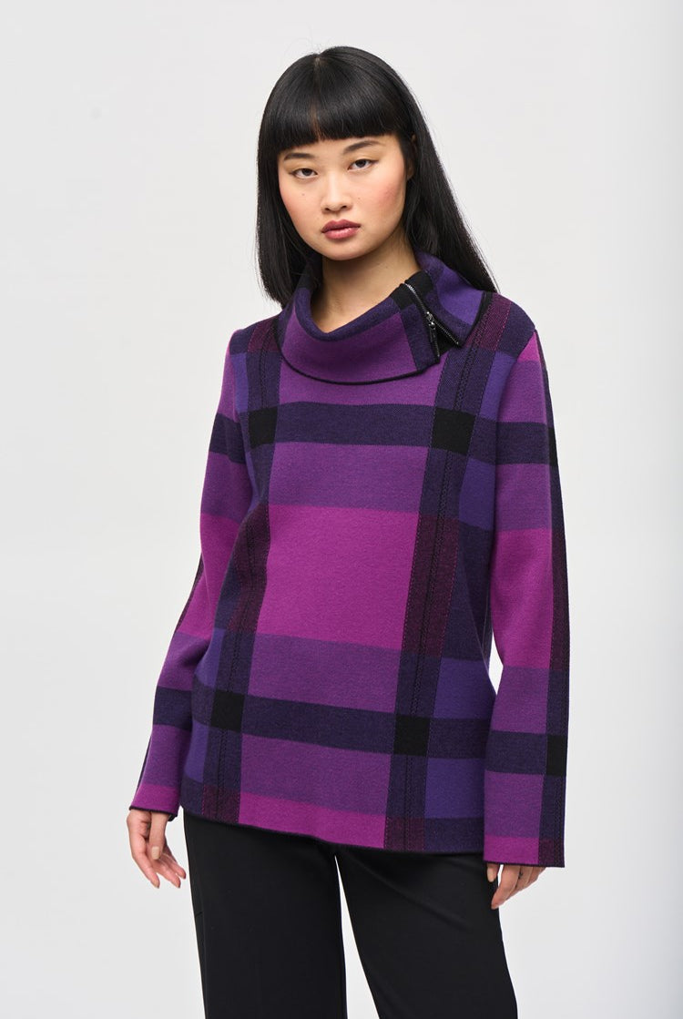 Joseph Ribkoff Plaid Jacquard Cowl Neck Sweater | Unique Apparel USA
