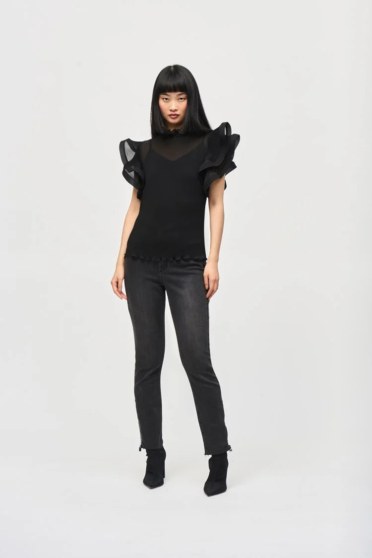 Joseph Ribkoff Chiffon Pleated Top With Ruffled Sleeves-JR-243957