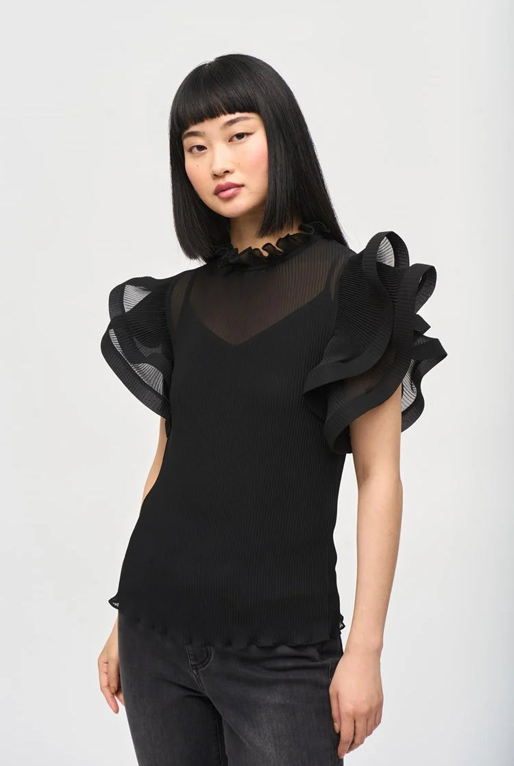 Joseph Ribkoff Chiffon Pleated Top With Ruffled Sleeves | Unique Apparel USA