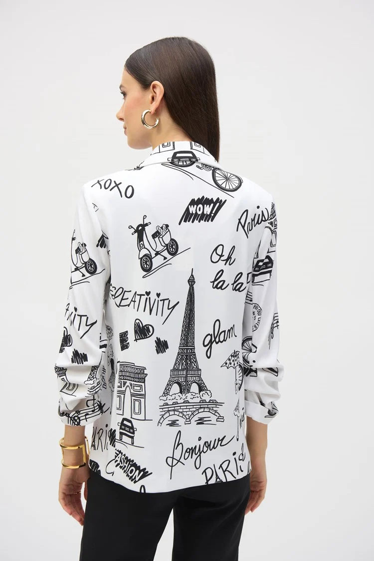 Silky Knit Conversational Print Straight Blazer 252042-Vanilla/Black