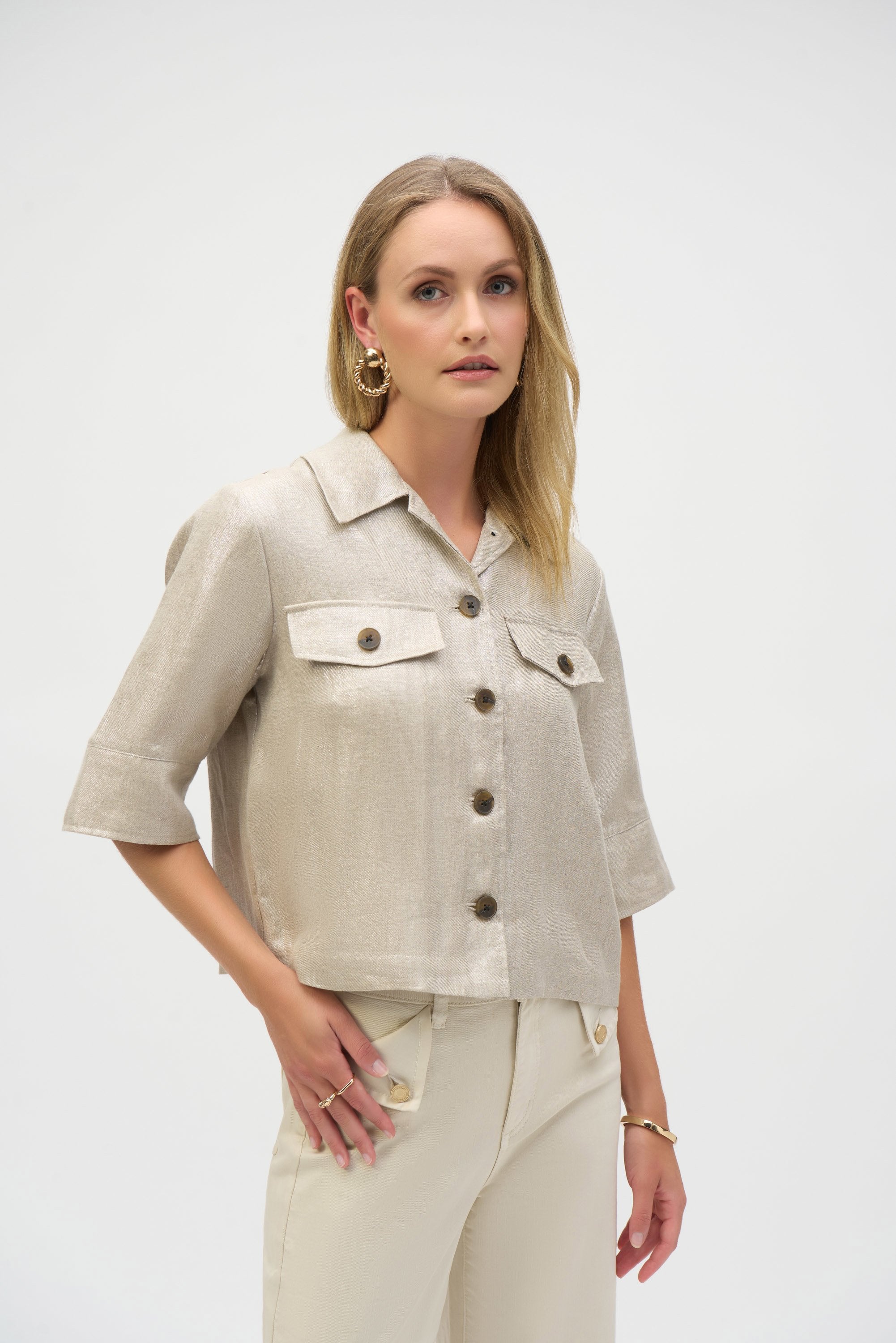 Foiled Linen Blend Short Sleeve Boxy Jacket 252921