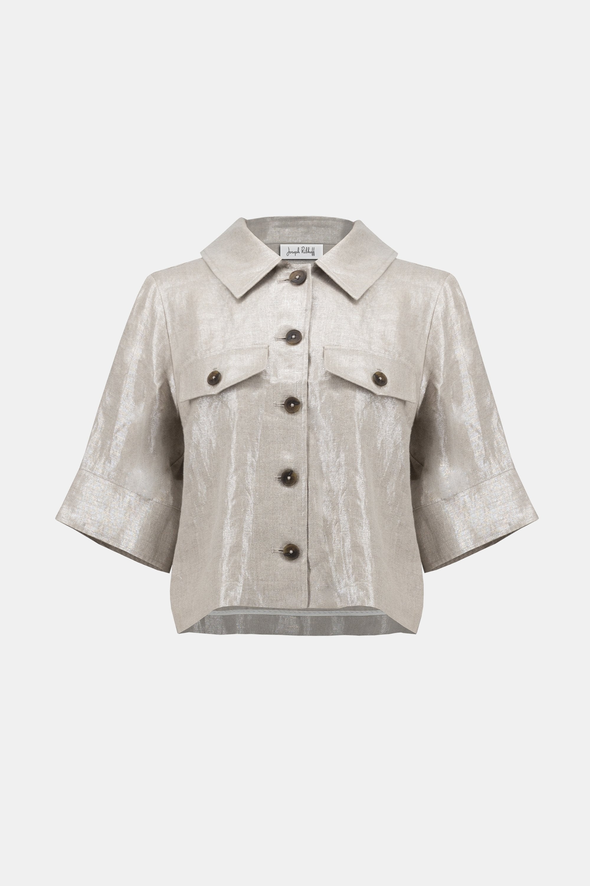 Foiled Linen Blend Short Sleeve Boxy Jacket 252921