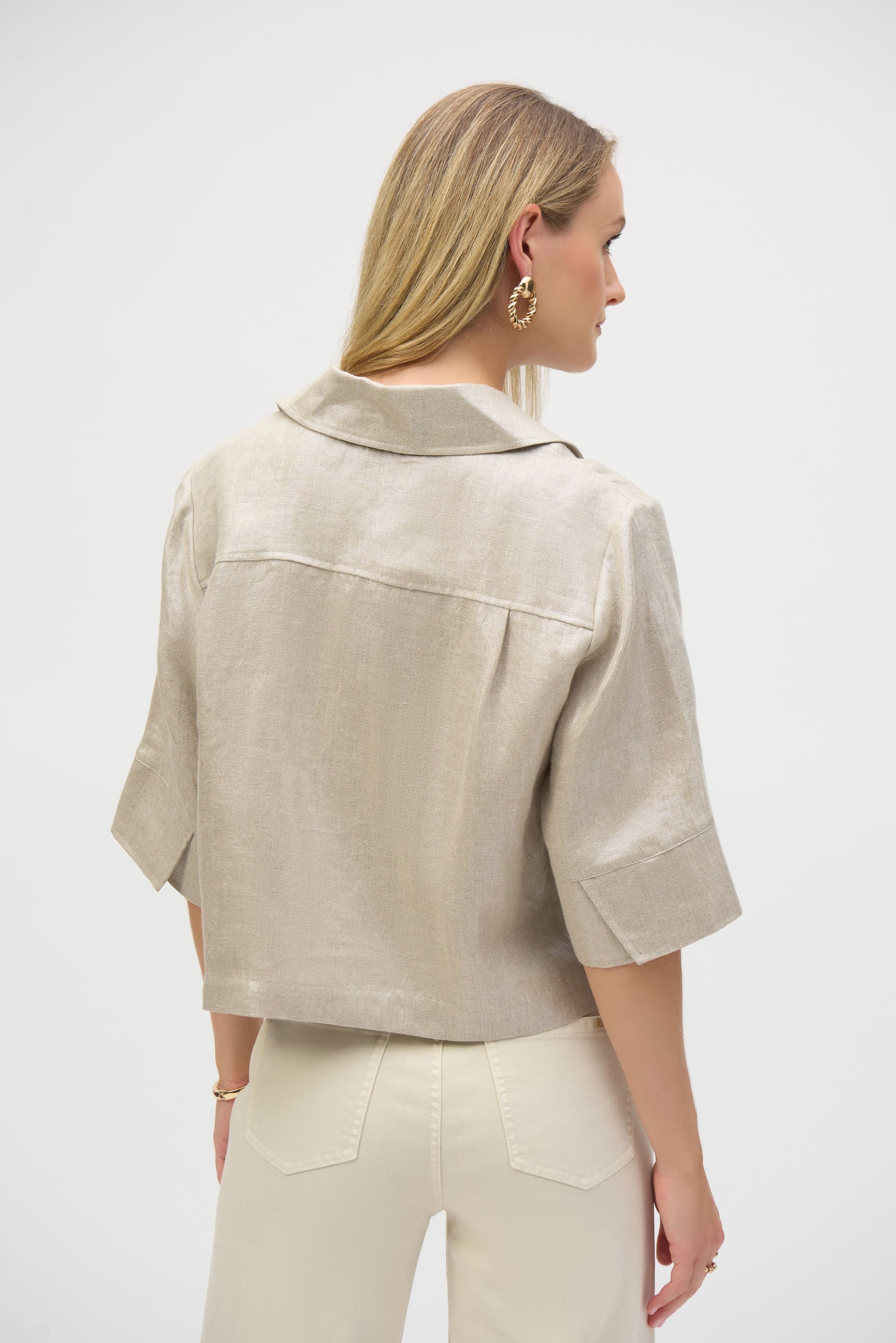 Foiled Linen Blend Short Sleeve Boxy Jacket 252921