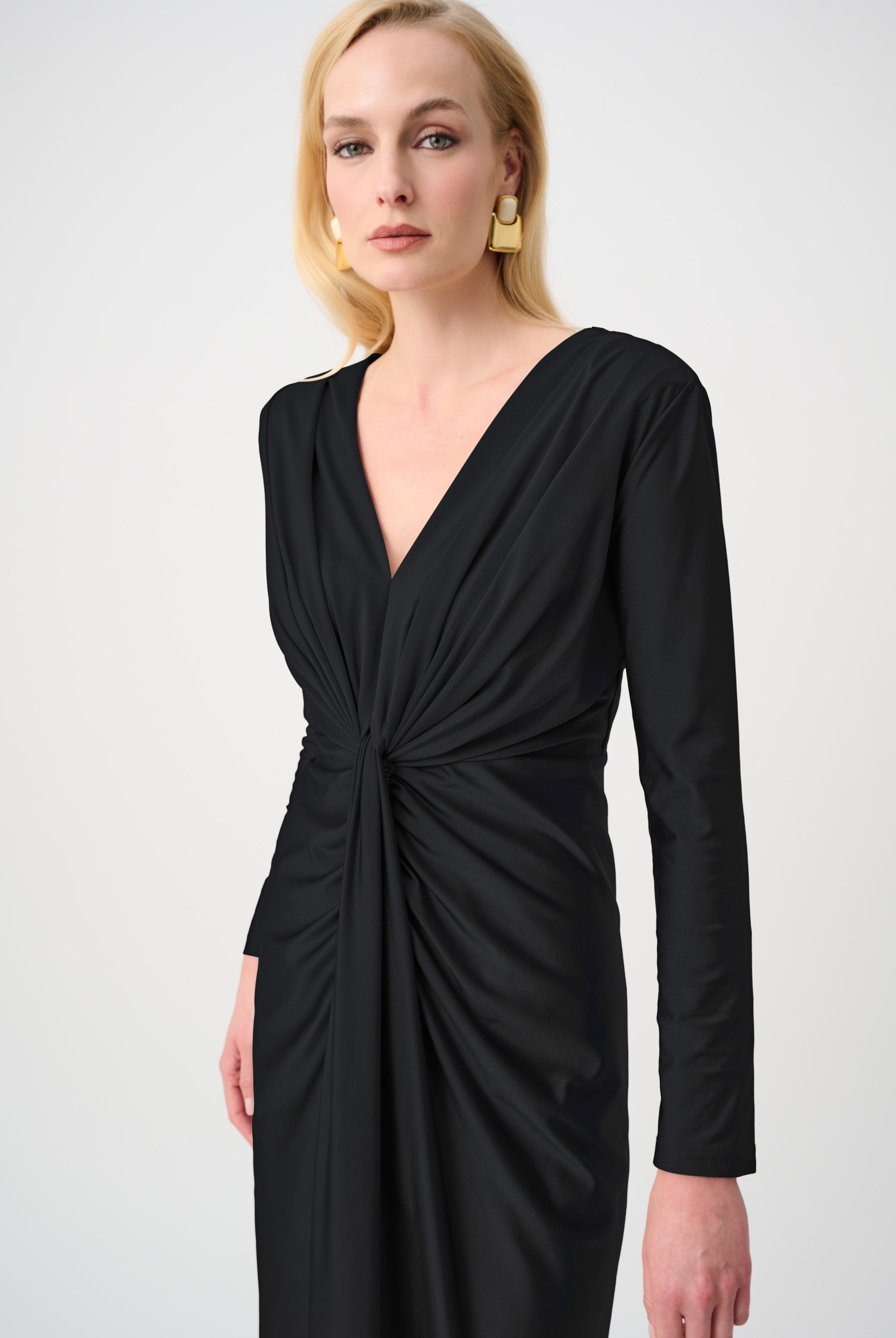 Signature | Satin Effect Knit Draped V-Neck Sheath Dress