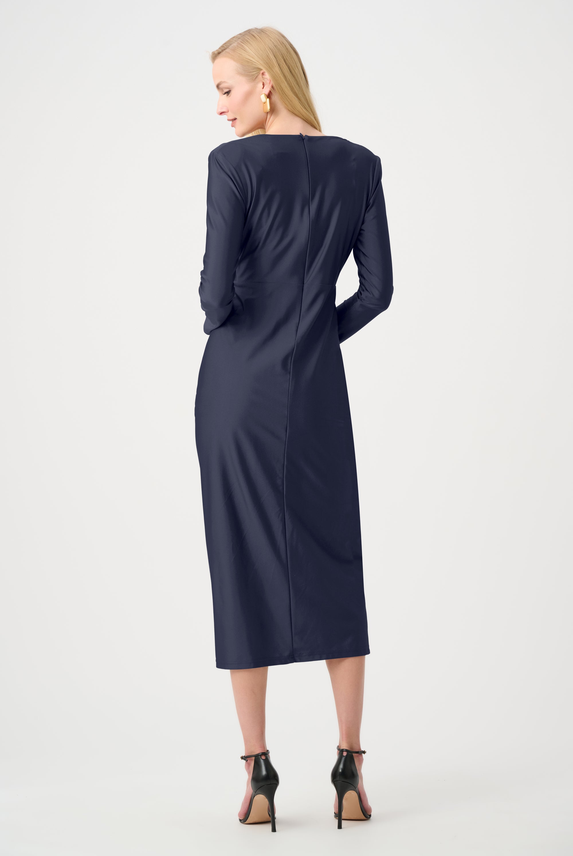 Signature | Satin Effect Knit Draped V-Neck Sheath Dress