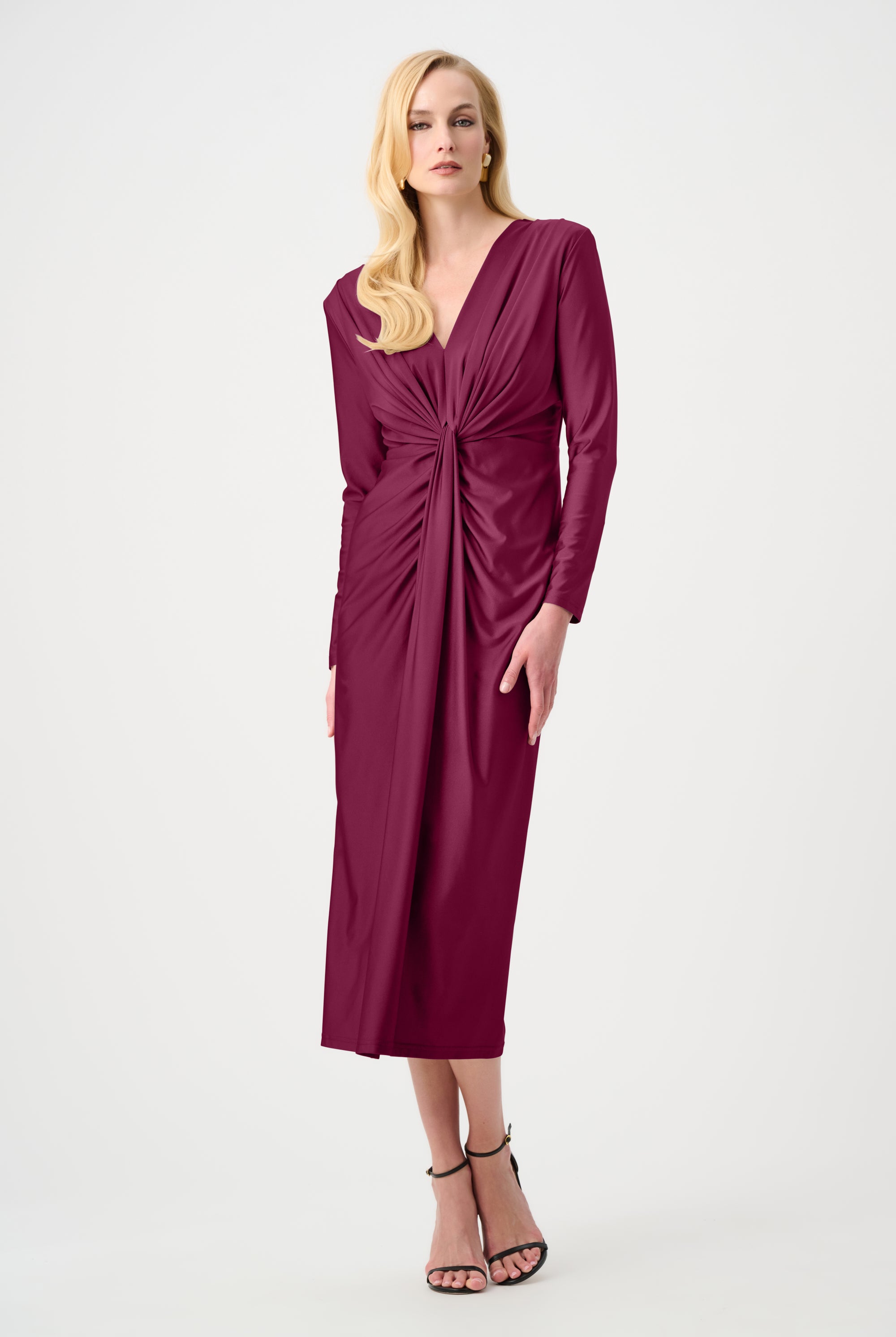 Signature | Satin Effect Knit Draped V-Neck Sheath Dress