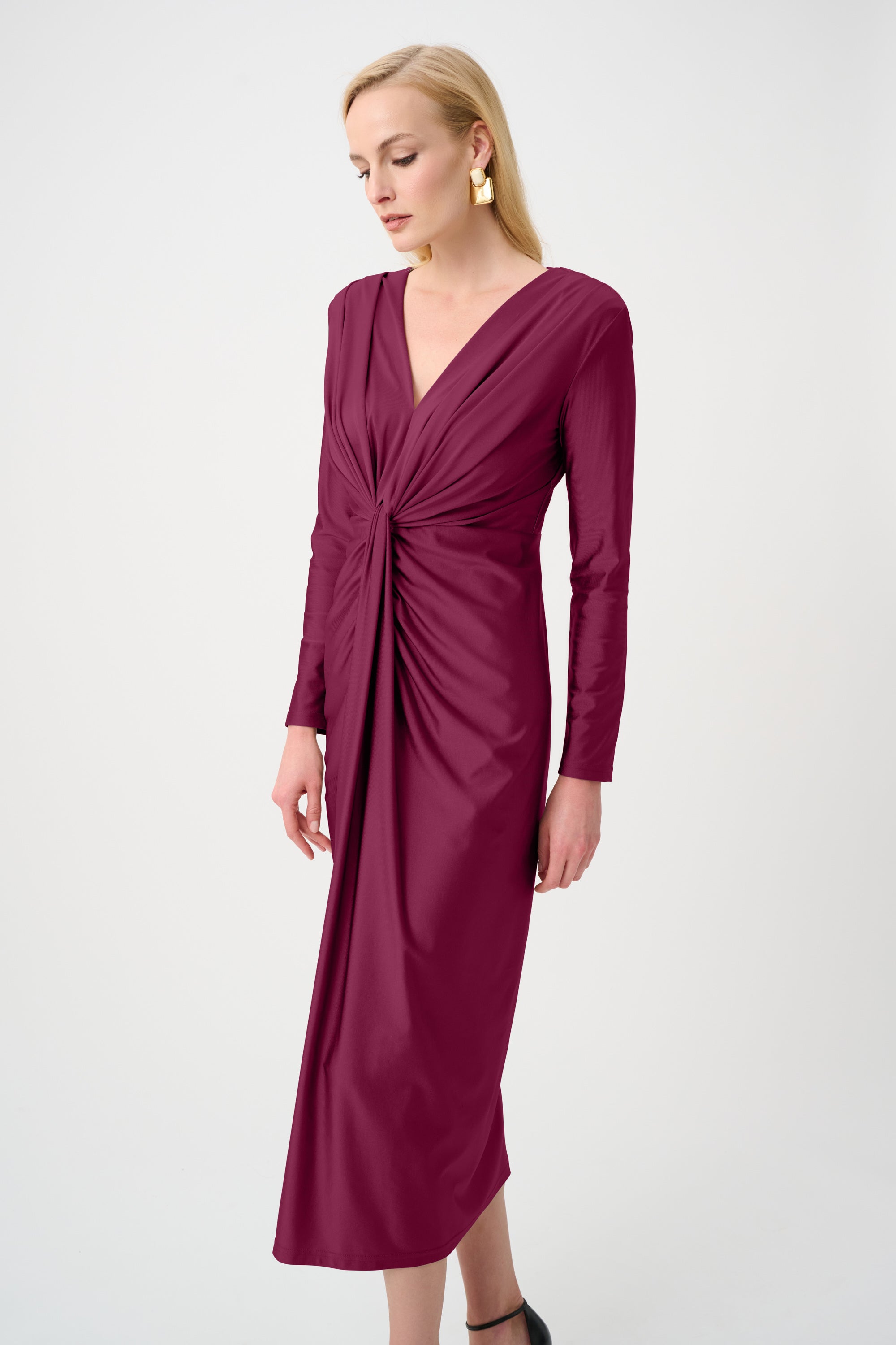 Signature | Satin Effect Knit Draped V-Neck Sheath Dress
