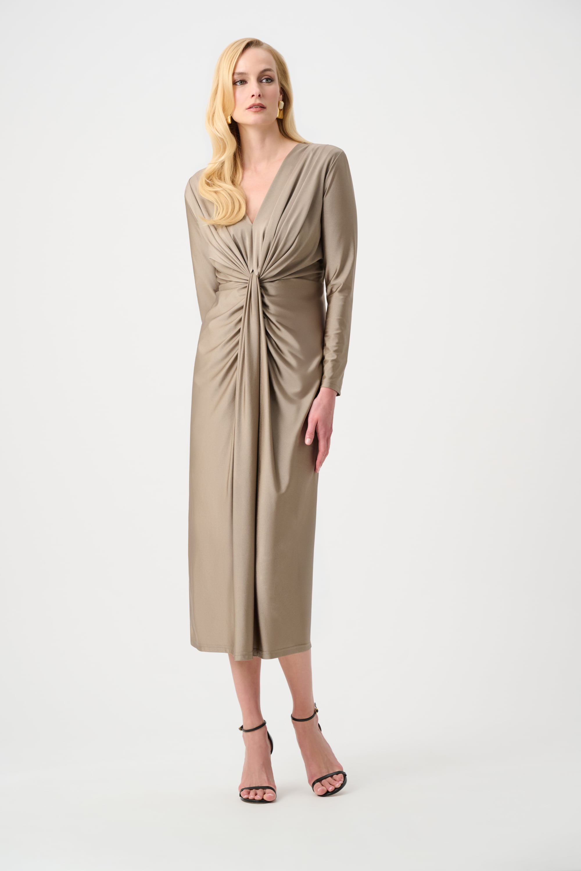 Signature | Satin Effect Knit Draped V-Neck Sheath Dress