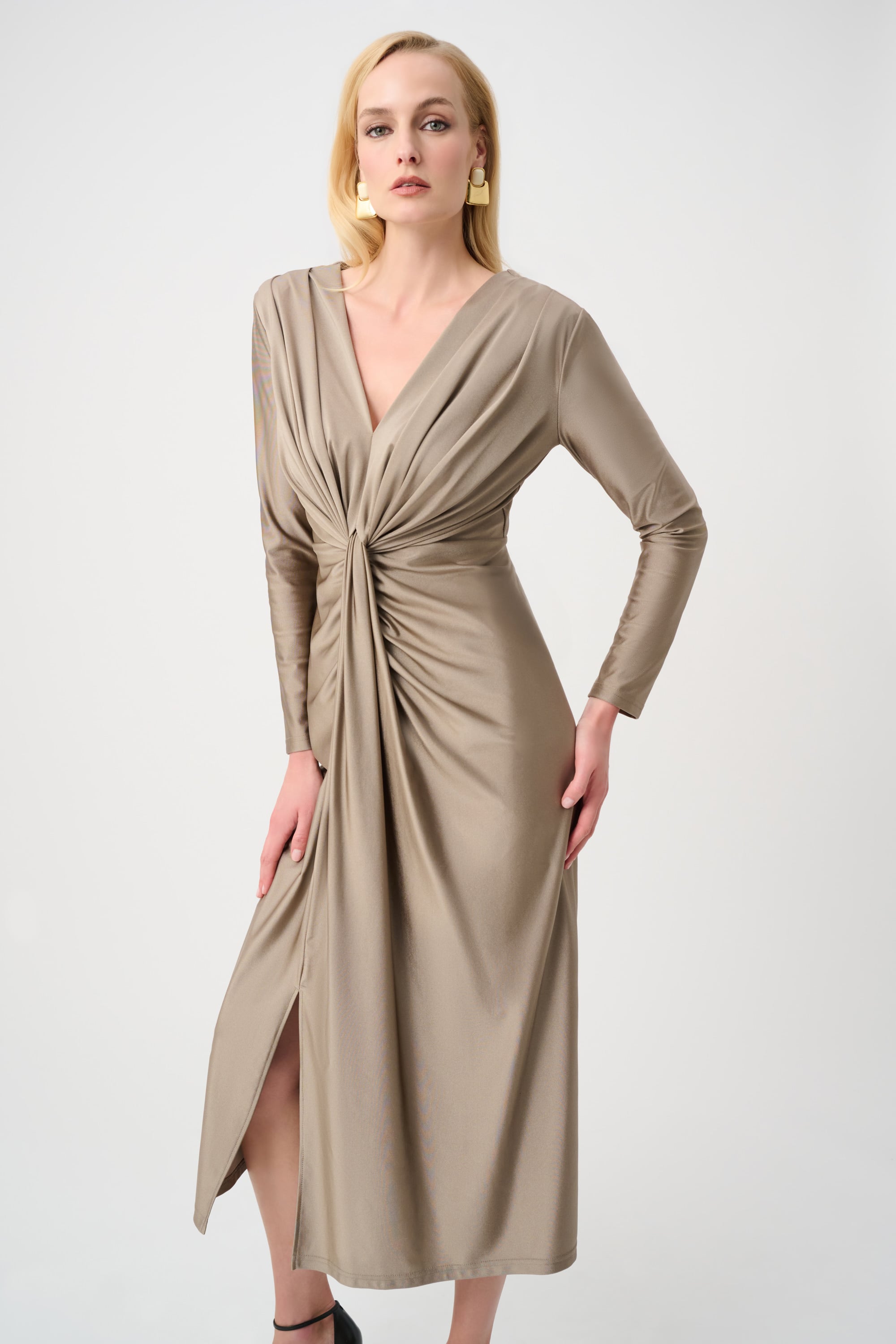 Signature | Satin Effect Knit Draped V-Neck Sheath Dress