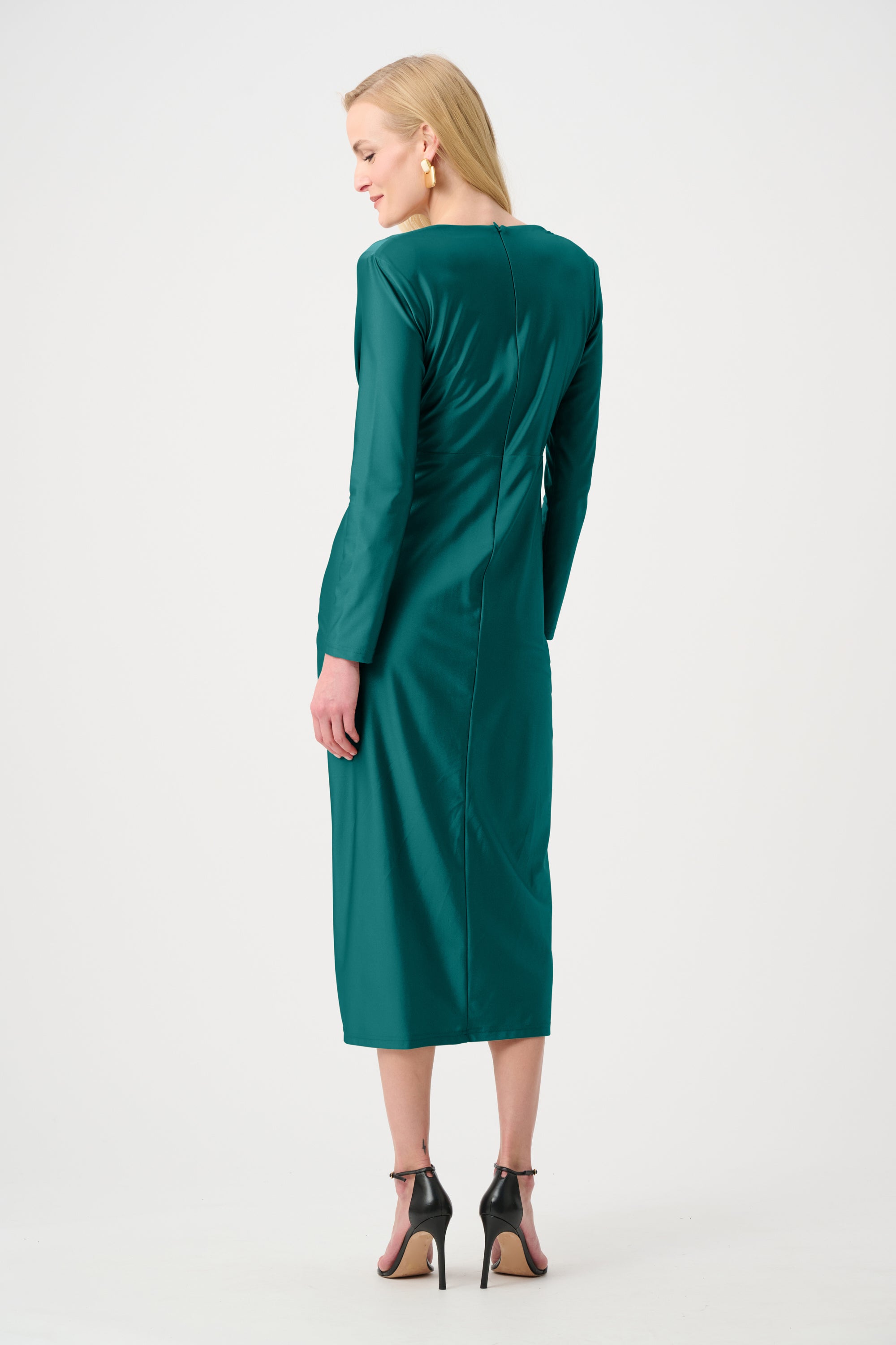 Signature | Satin Effect Knit Draped V-Neck Sheath Dress