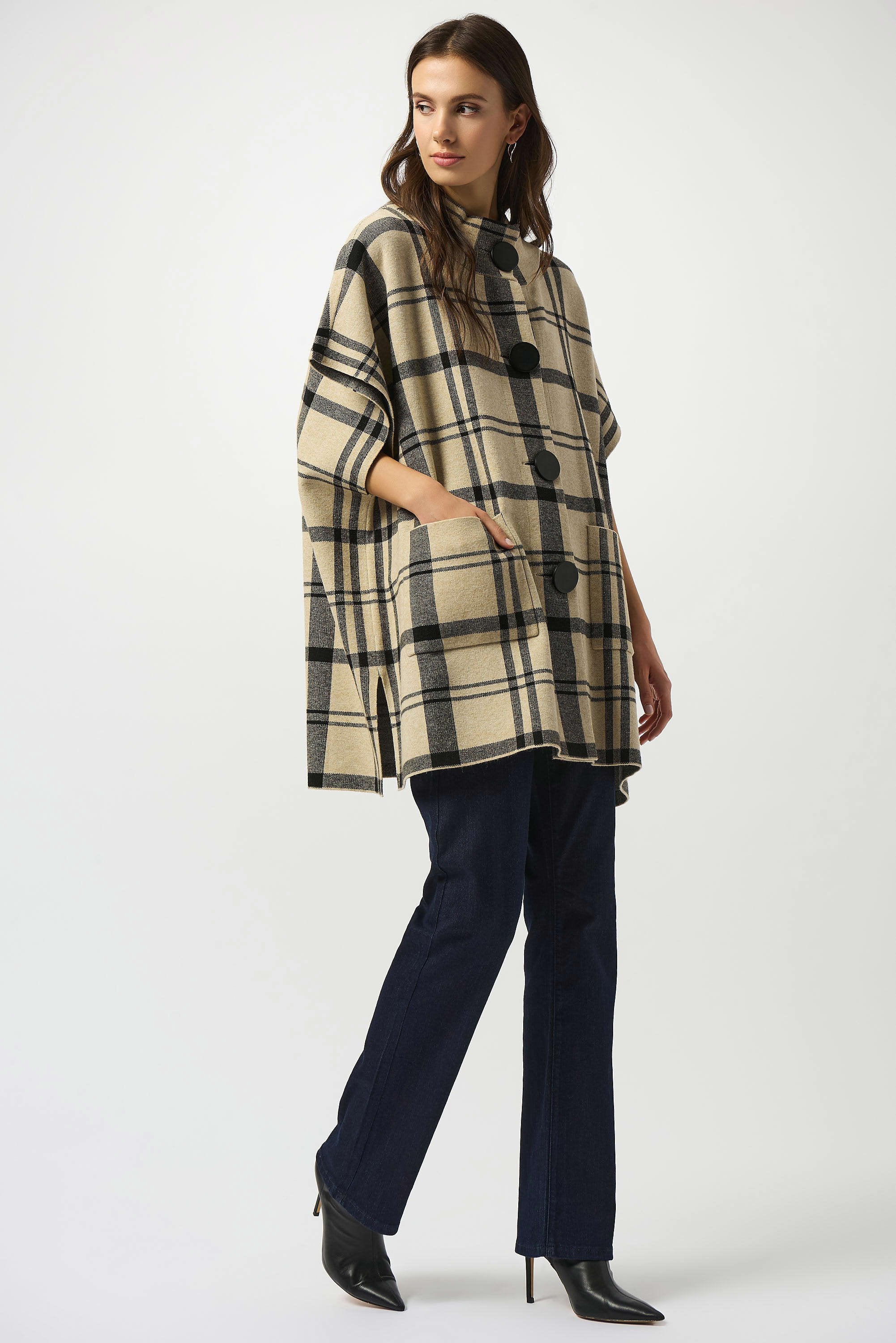 Joseph Ribkoff Jacquard Sweater Knit Plaid Poncho-253903