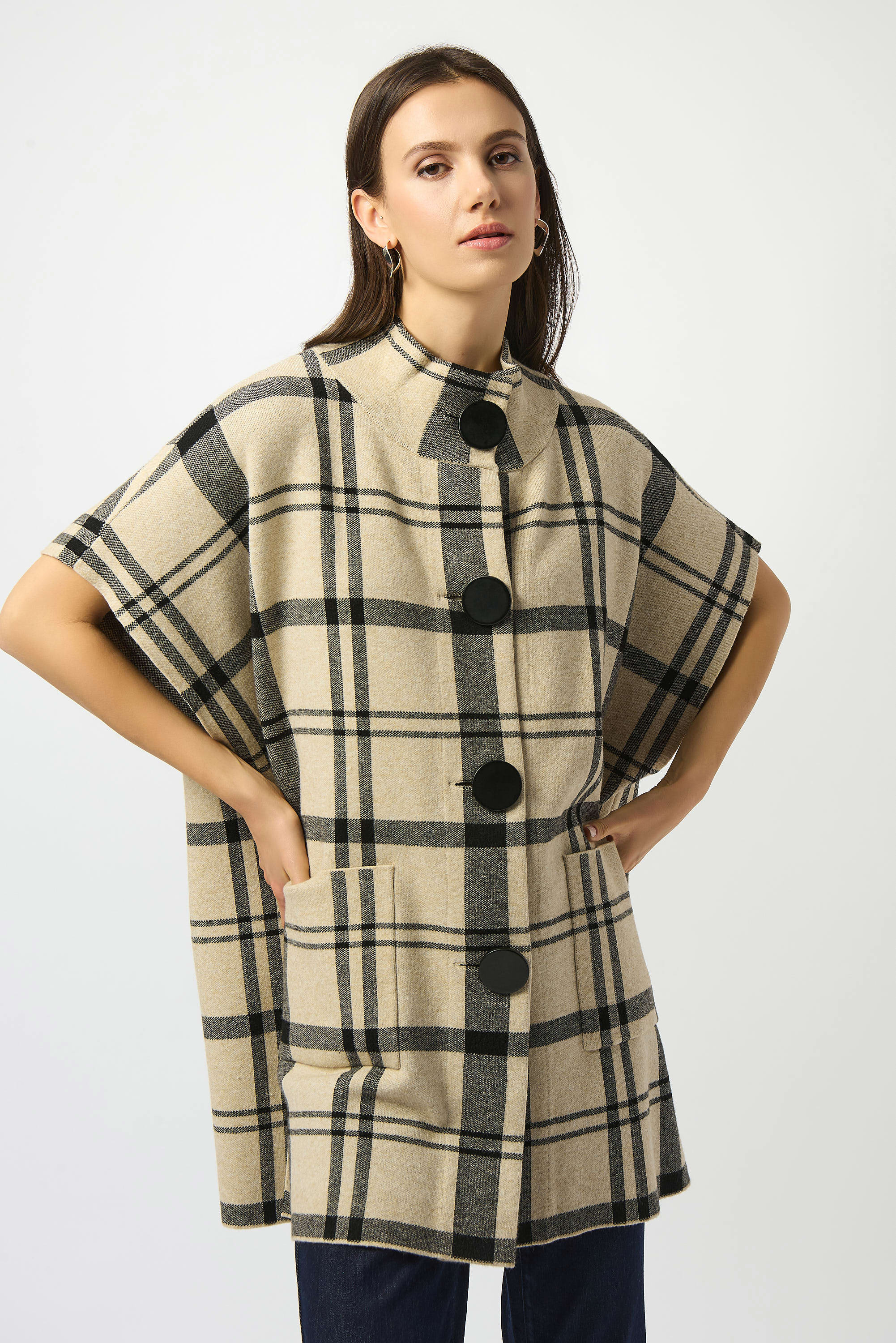 Joseph Ribkoff Jacquard Sweater Knit Plaid Poncho-253903